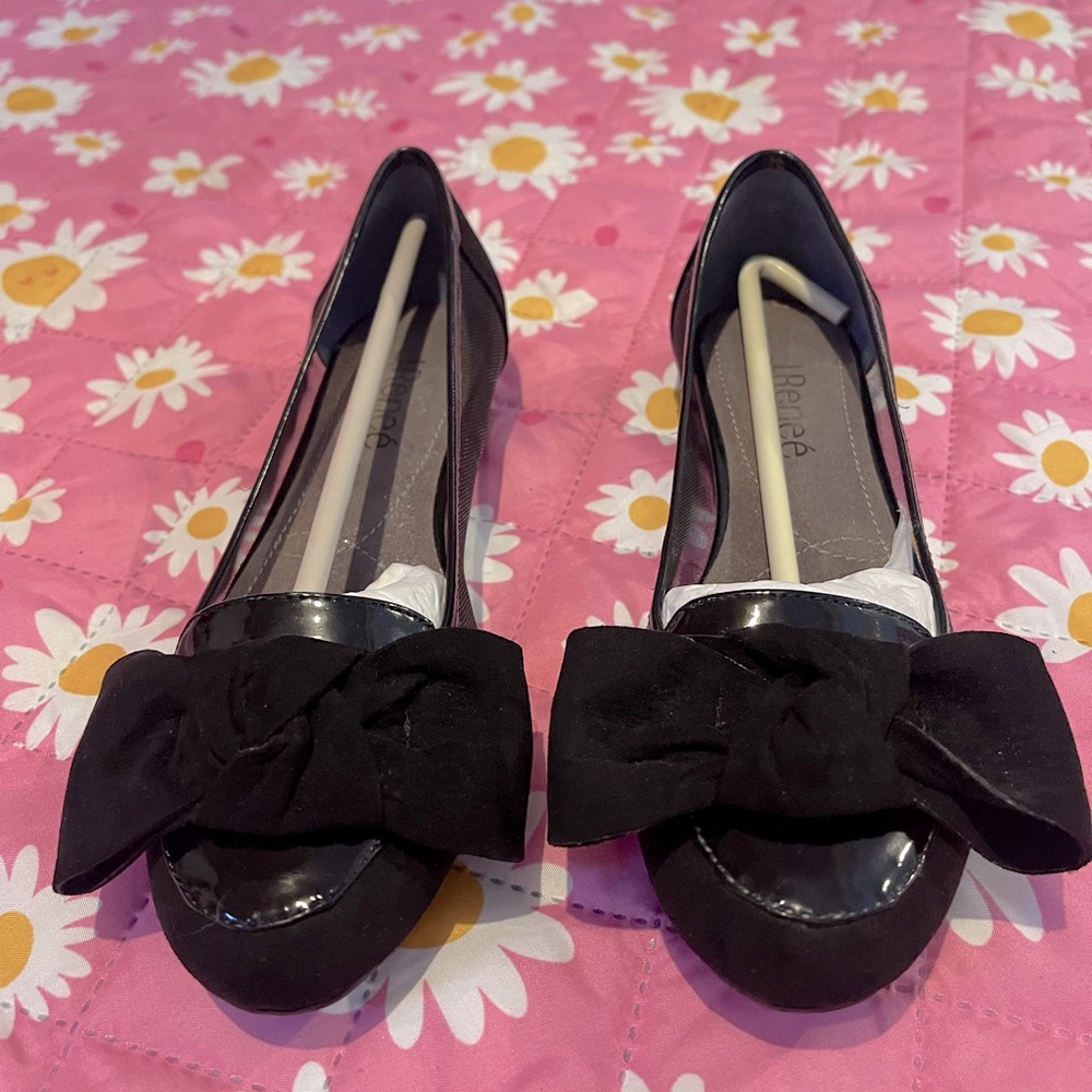 J. Renee Black Suede/Patent Bow Flats